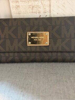 Michael Kors Brown Logo Continental Wallet with Gold Plaque
